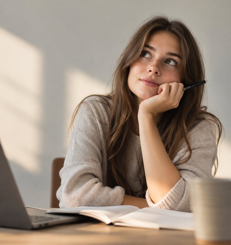 Uczennica zastanawia się nad zadaniem, przed nią laptop i otwarty zeszyt
